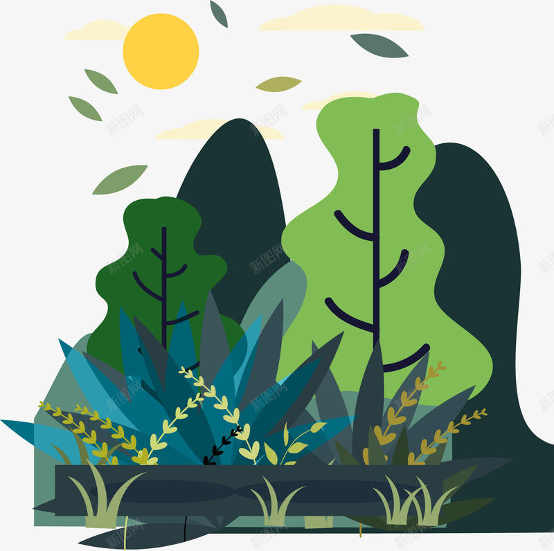 小清新落日风景装饰图案png免抠素材_88icon https://88icon.com 手绘 插画 树叶 水彩 清新 绿色 自然风光 落日 装饰