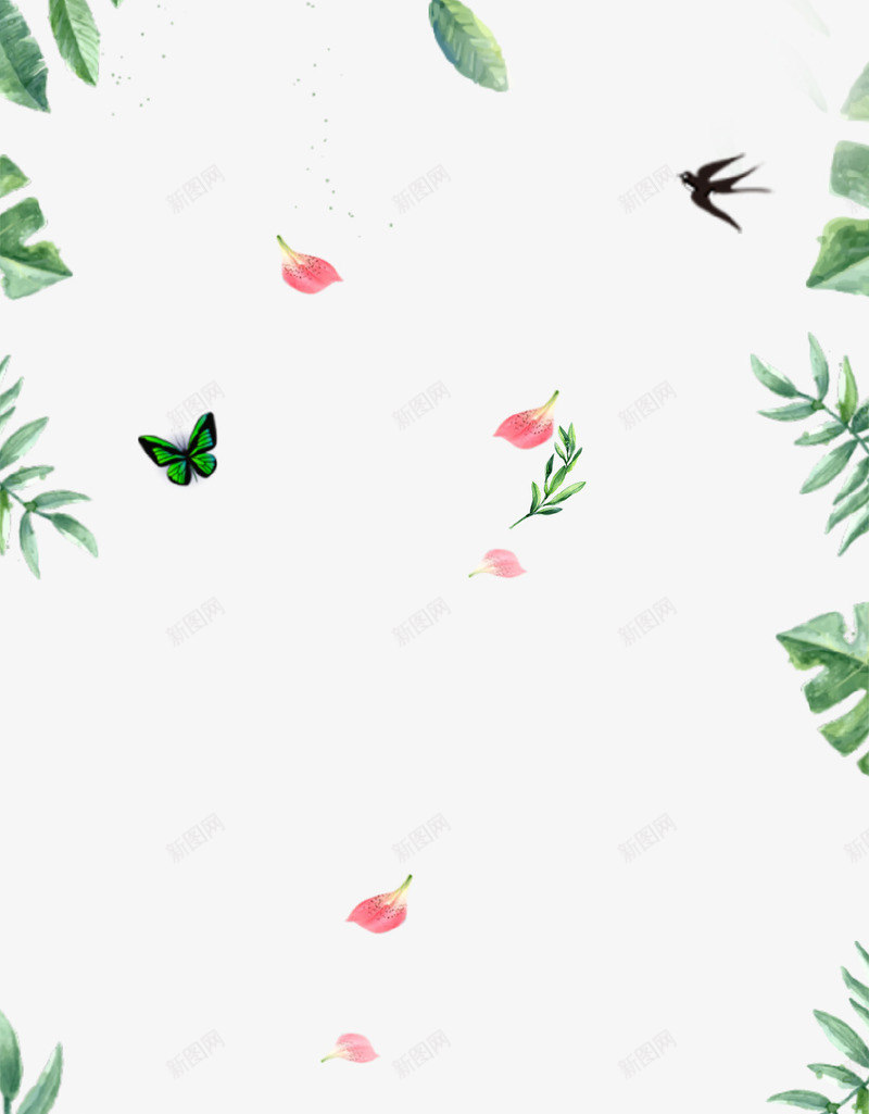 绿色清新手绘树叶装饰背景psd免抠素材_88icon https://88icon.com 手绘 树叶 清新 绿色 背景 花朵 蝴蝶 装饰图案