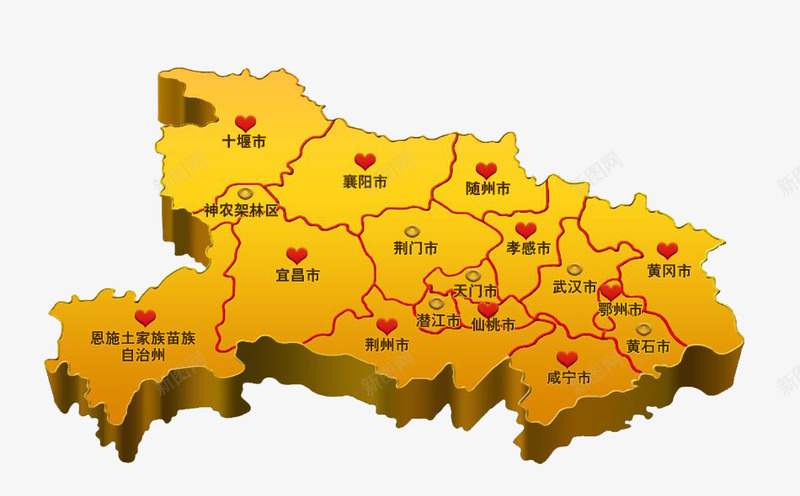 黄色立体湖北地图png免抠素材_88icon https://88icon.com 中国 湖北地图 立体 黄色