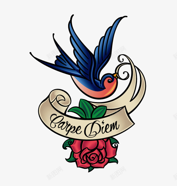 鲜花小鸟纹身插画png免抠素材_88icon https://88icon.com 小鸟 彩条 插画 燕子 玫瑰花 纹身图片 鲜花 鲜花小鸟纹身插画矢量图下载
