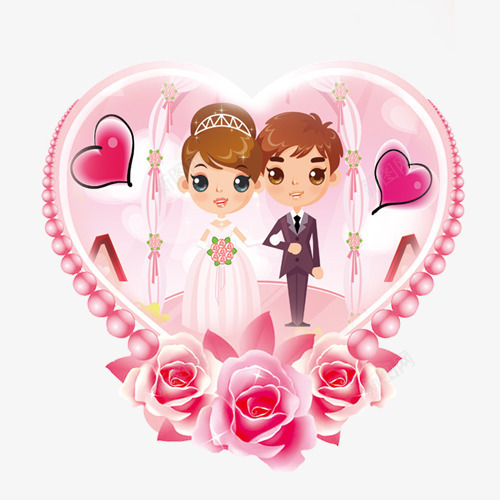 粉色心形相框里的卡通佳人png免抠素材_88icon https://88icon.com 卡通新婚佳人 心形 新婚之喜 玫瑰花 粉色相框 装饰图案