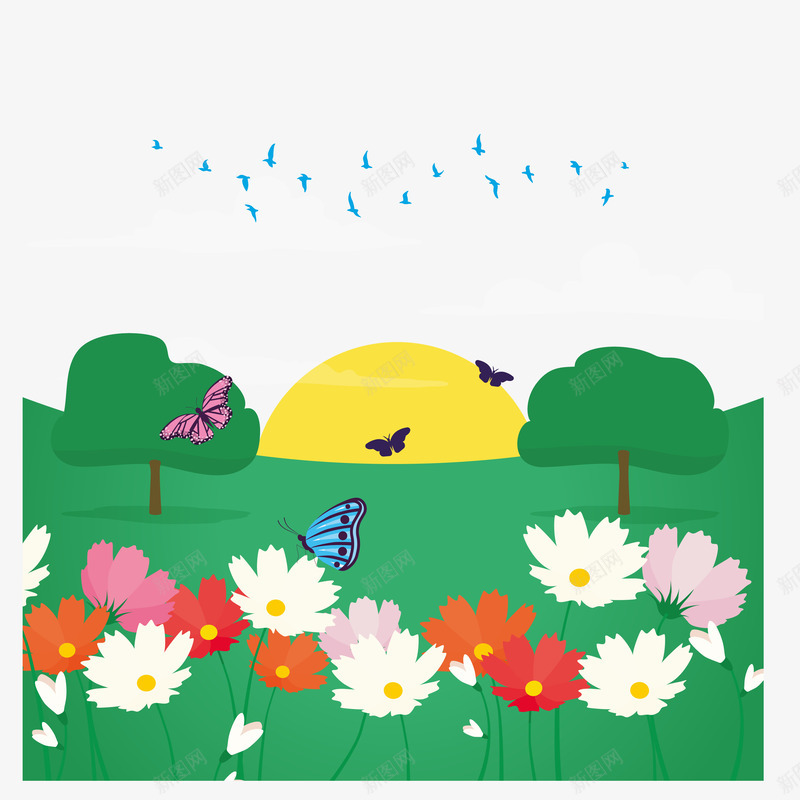 太阳刚升起案矢量图ai免抠素材_88icon https://88icon.com 卡通 大雁 太阳 手绘 树木 植物 绿色 自然 花朵 蝴蝶 装饰 风景 矢量图