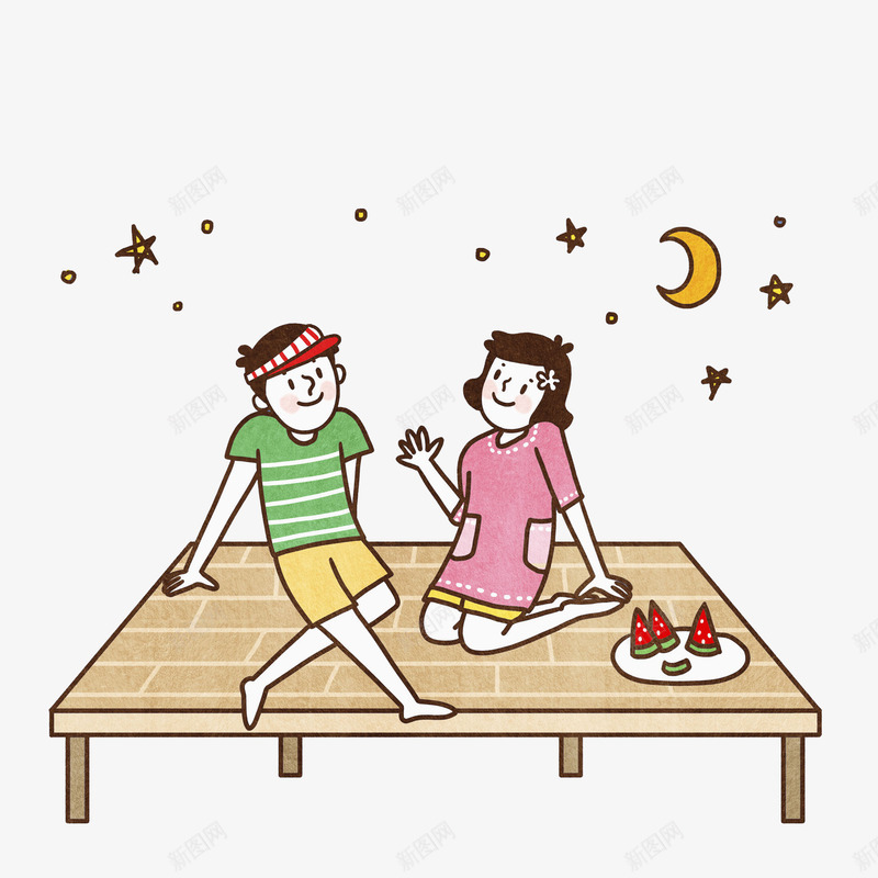 交谈的人png免抠素材_88icon https://88icon.com 两人对话 交谈的 卡通 情侣 惬意的 插图 星星 月亮 西瓜
