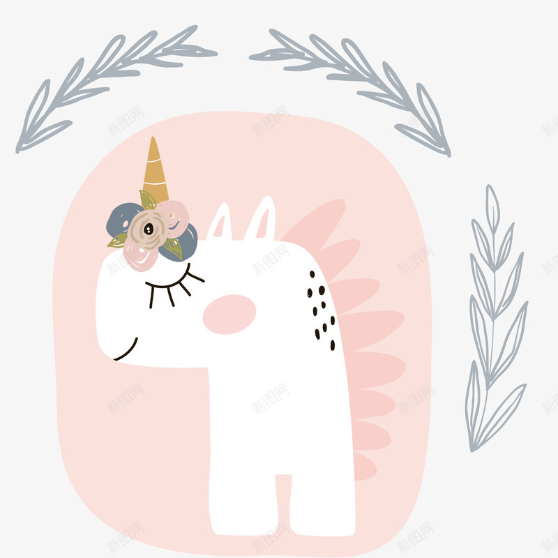 粉色独角兽手绘矢量图ai免抠素材_88icon https://88icon.com 个性 卡通 圆形 手绘 独角兽 白色 粉色 蓝色叶子 矢量图