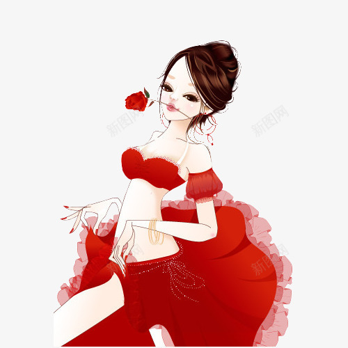 手绘美女png免抠素材_88icon https://88icon.com 内衣 玫瑰花 红色