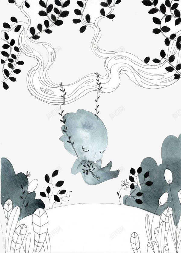 手绘灰白精灵秋千png免抠素材_88icon https://88icon.com 创意设计 卡片封面 手绘插画