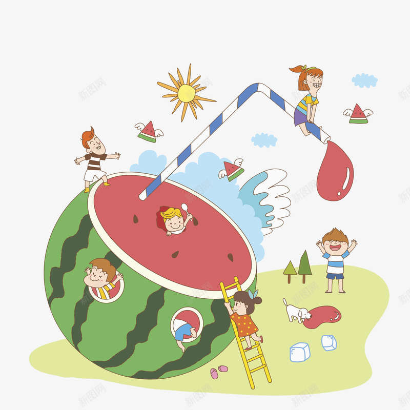 吸管与西瓜png免抠素材_88icon https://88icon.com 卡通 吸管 太阳 小狗 手绘 梯子 白云 翅膀 草地 西瓜