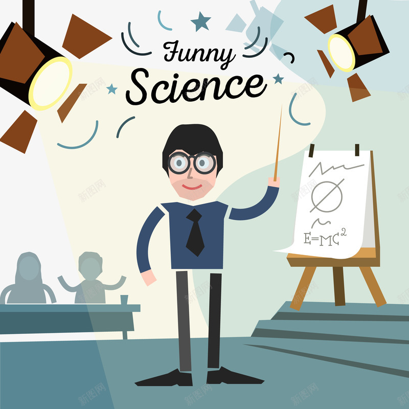 科学演讲矢量图ai免抠素材_88icon https://88icon.com 卡通科学演讲 灯光 西装科学家 矢量图