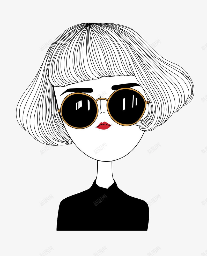 简笔画时尚短发戴墨镜女孩png免抠素材_88icon https://88icon.com 墨镜 时尚 短发女孩 黑白画