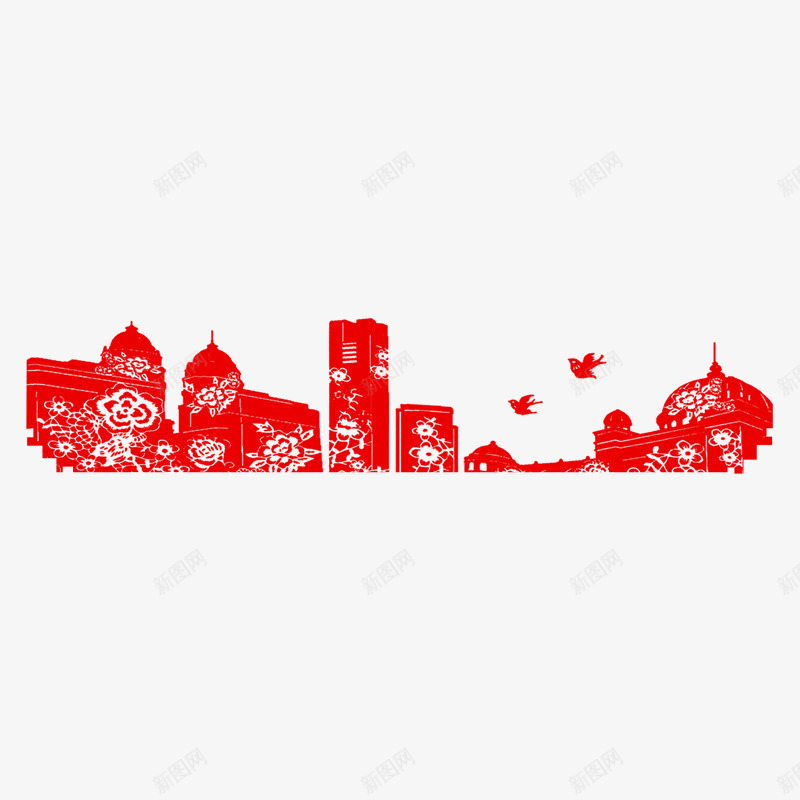 红色剪纸城市png免抠素材_88icon https://88icon.com 光泽 剪纸 动物 喜庆 城市 小鸟 红色