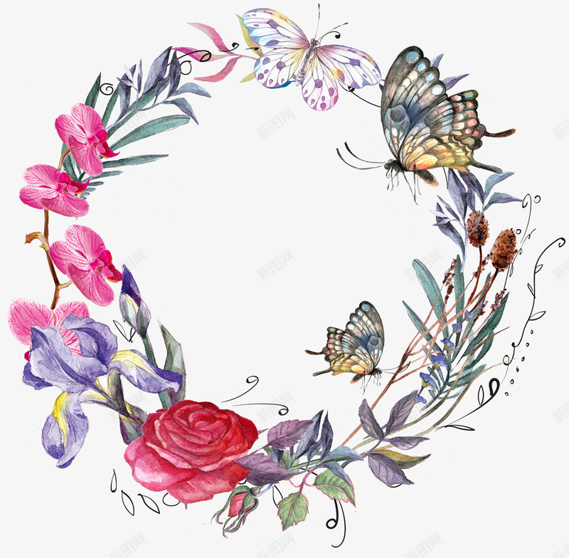 手绘花环装饰图案png免抠素材_88icon https://88icon.com 卡通手绘 插画 花环 蝴蝶 蝴蝶花环 装饰图案