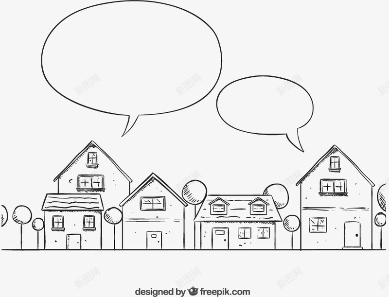 手绘房屋与语言气泡矢量图ai免抠素材_88icon https://88icon.com 树木房屋建筑语言气泡街道楼房 矢量图