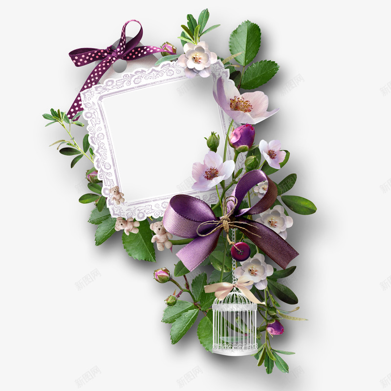 清新装饰png免抠素材_88icon https://88icon.com 淡粉色蝴蝶结 笼子 紫色蝴蝶结 绿叶 蕾丝边框 装饰 装饰相框 装饰背景