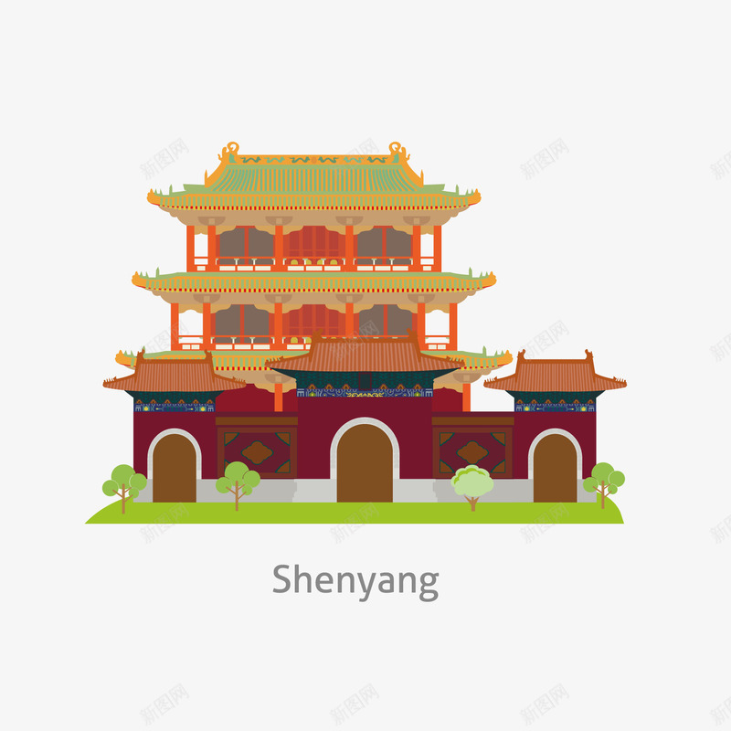 卡通沈阳建筑png免抠素材_88icon https://88icon.com 卡通建筑 古代建筑 沈阳建筑 背景装饰