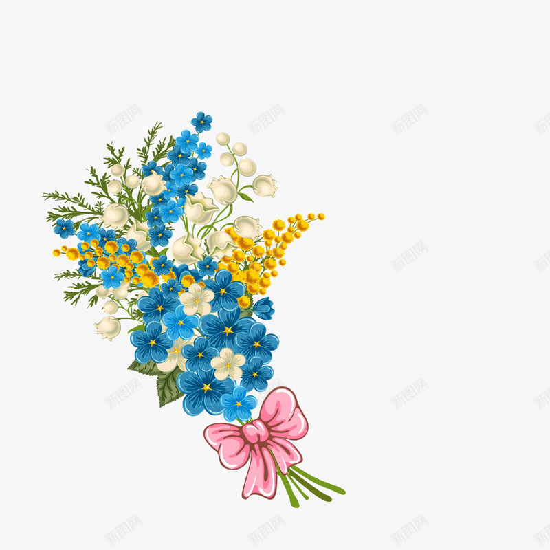 蓝色清新花束png免抠素材_88icon https://88icon.com 叶子 清新 花朵 花束 蓝色的 蝴蝶结 装饰