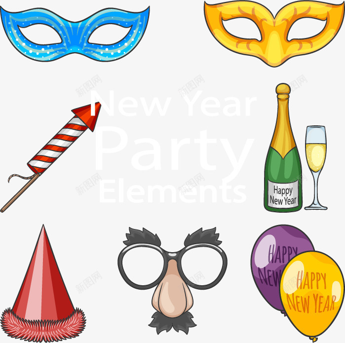 新年派对元素矢量图eps免抠素材_88icon https://88icon.com 气球 矢量素材 礼花 面具 香槟 矢量图
