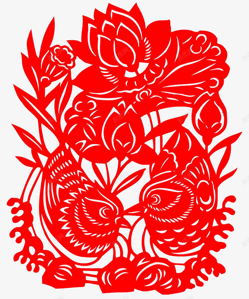 鸳鸯荷花剪纸png免抠素材_88icon https://88icon.com 传统 剪纸 喜庆 荷花 鸳鸯