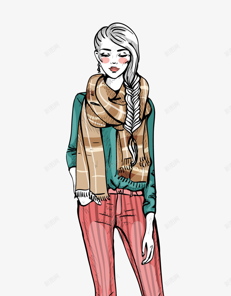 手绘韩式时尚潮流女性插画png免抠素材_88icon https://88icon.com 休闲装美女 女性插画 戴围巾美女 手绘 时尚潮流 模特 韩式