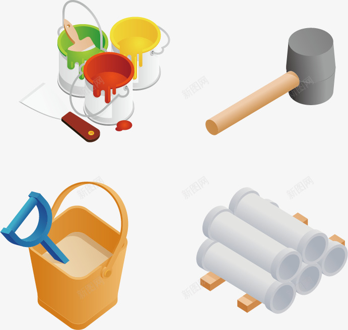 装修矢量图ai免抠素材_88icon https://88icon.com 建筑材料 彩色卡通 沙子 油漆 装修素材 锤子 矢量图