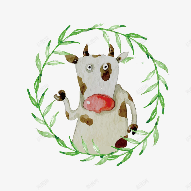 水墨风格绿叶围绕的奶牛png免抠素材_88icon https://88icon.com 奶牛 水墨 水彩 水彩奶牛 水彩绿叶 水彩花环 花环