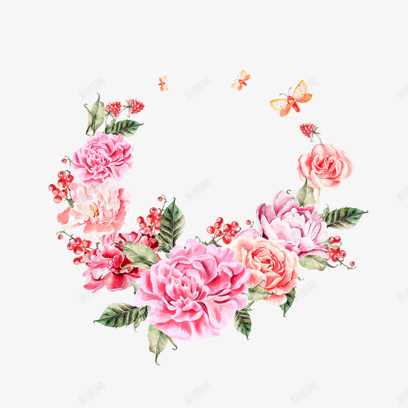 手绘牡丹花psd免抠素材_88icon https://88icon.com 叶子 手绘 树枝 牡丹花圈素材 牡丹花底 花朵 花环