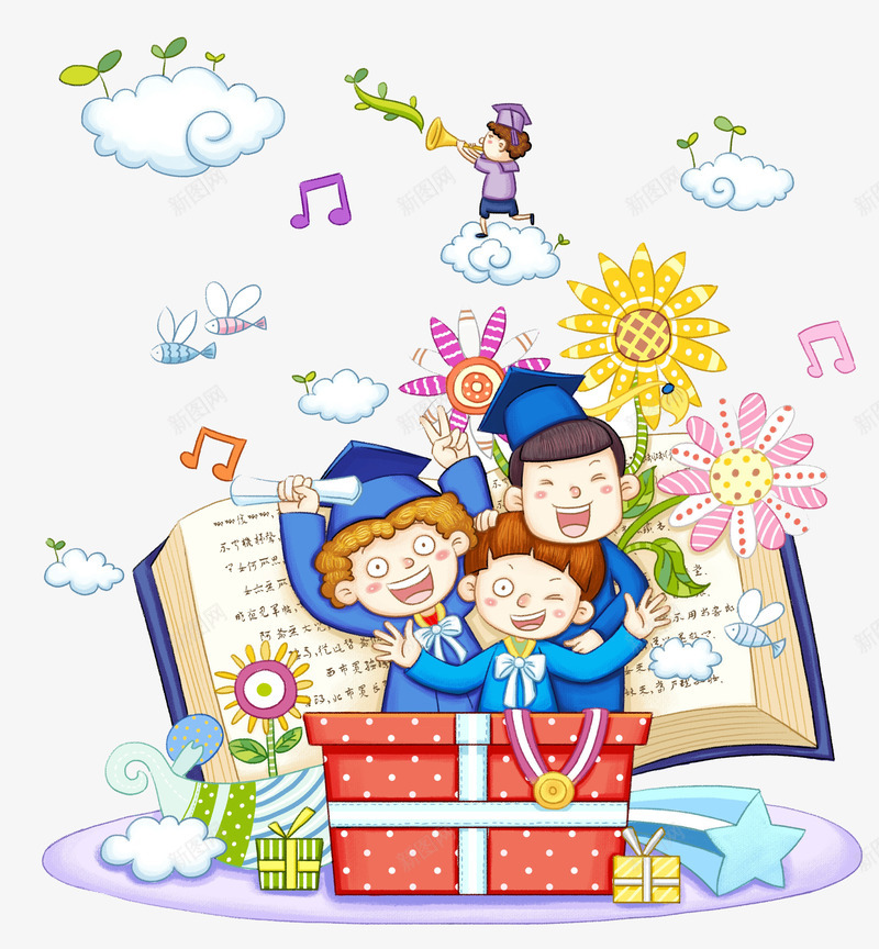 天马行空欢乐游png免抠素材_88icon https://88icon.com 书本 云朵 儿童 卡通 向日葵 唱歌 天马行空 手绘 毕业 礼物