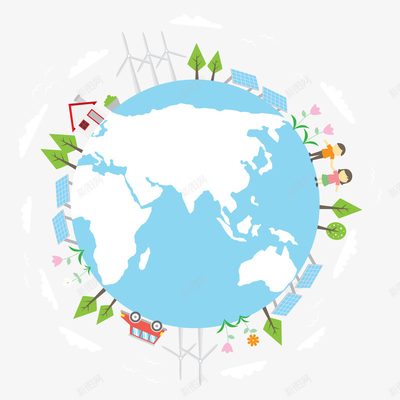 奇妙的地球元素矢量图ai免抠素材_88icon https://88icon.com 世界地球日 人物 大海 房子 树木 汽车 矢量地球 花卉 矢量图
