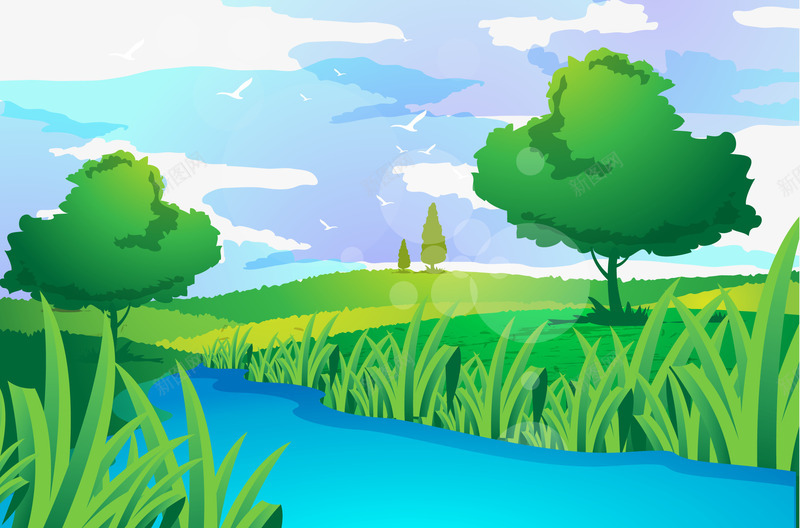滨江景观与鸟类png免抠素材_88icon https://88icon.com 小草 树 滨江景观 白云 矢量插图河水 蓝天 风景 鸟类