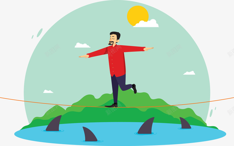 男子练习平衡png免抠素材_88icon https://88icon.com 大山 大树 太阳 平衡 河水 男人 白云 绳子