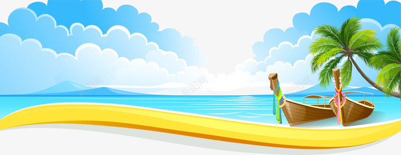 唯美蓝色大海风景png免抠素材_88icon https://88icon.com 唯美风景 大海风景 棕色小船 白云蓝天 蓝色大海 黄色沙滩