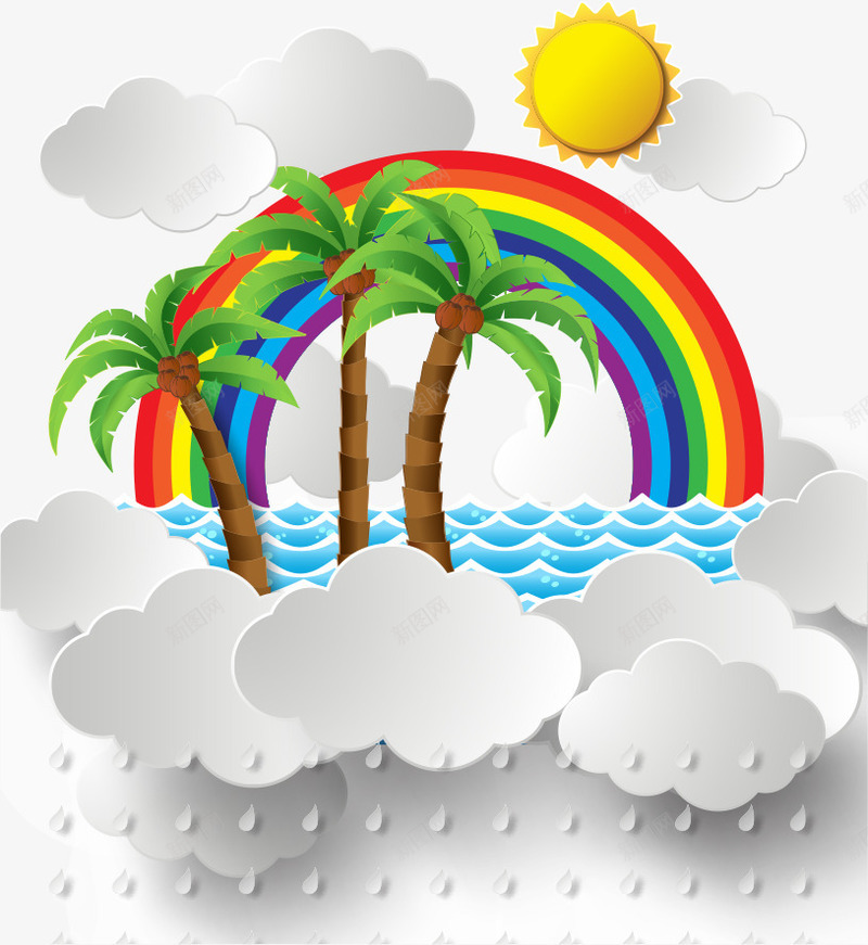 彩虹和椰树png免抠素材_88icon https://88icon.com 卡通椰树 太阳 彩虹 椰树 白云 矢量椰树