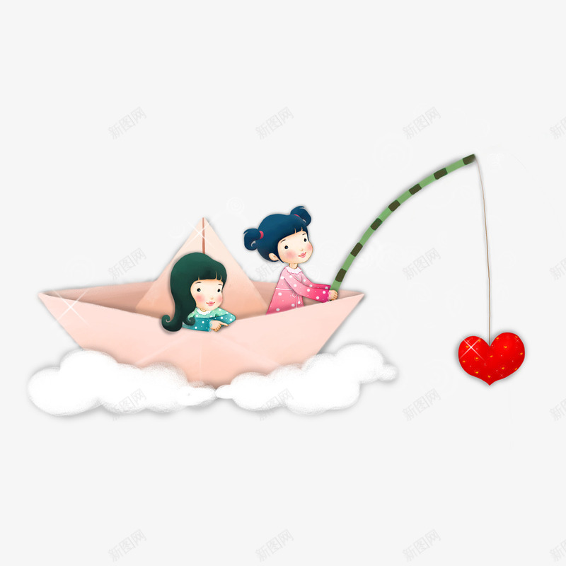 纸船上的女孩png免抠素材_88icon https://88icon.com 卡通 垂钓 女孩 清新 白云 纸船