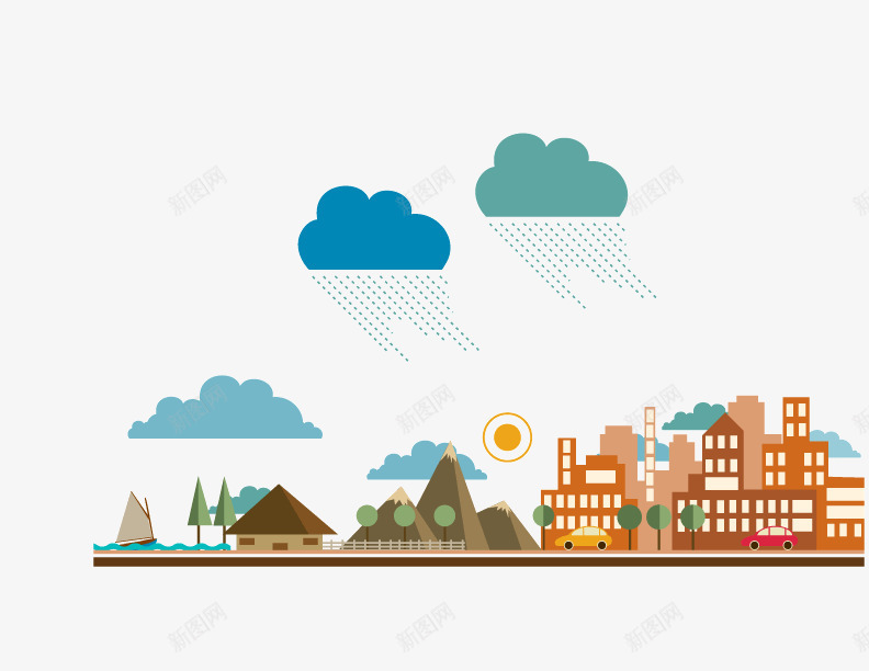 扁平化城市png免抠素材_88icon https://88icon.com 云朵 城市 房子 扁平化 装饰矢量图