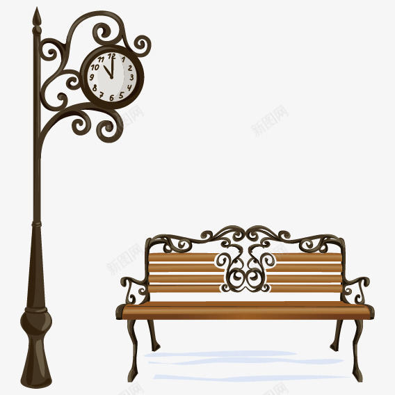 长凳街灯矢量图ai免抠素材_88icon https://88icon.com 欧美风 街道 躺椅 钟表 矢量图