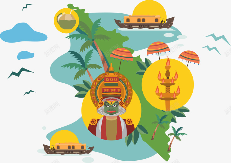 泰国著名景点矢量图ai免抠素材_88icon https://88icon.com 小船 小鸟 椰树 河水 泰国 白云 著名景点 矢量图