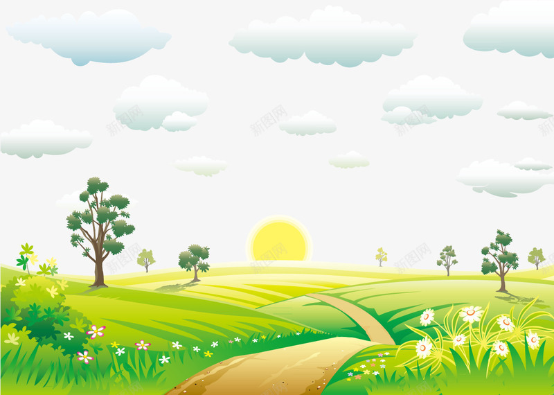 绿色风景png免抠素材_88icon https://88icon.com 云朵 树 绿色草地 草地小路 鲜花