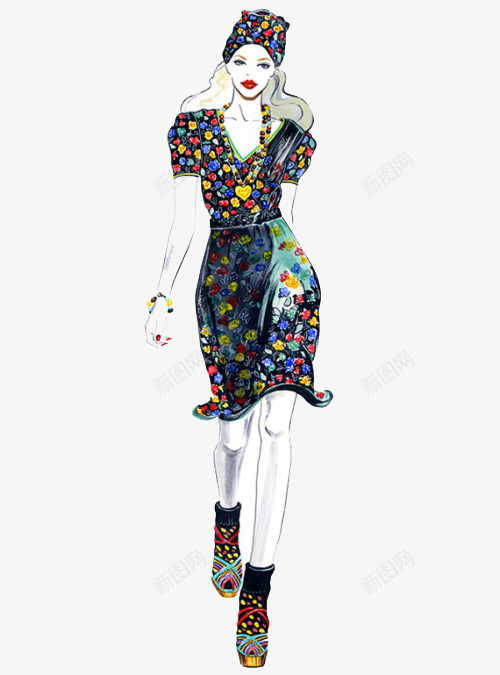 手绘花格中裙女png免抠素材_88icon https://88icon.com 人物 性感 模特 欧美风 白发 红唇 美女