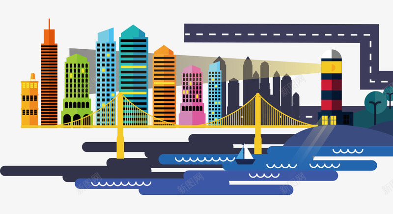 城市夜景矢量图ai免抠素材_88icon https://88icon.com 城市夜景 扁平化 矢量素材 高楼大夏 矢量图