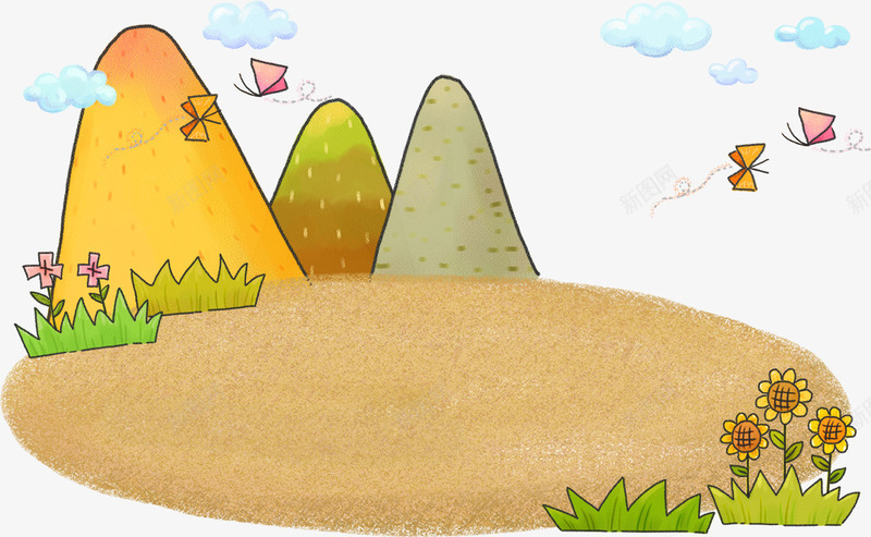 卡通山丘与向日葵psd免抠素材_88icon https://88icon.com 卡通向日葵 卡通山丘 向日葵 山丘 白云 风筝