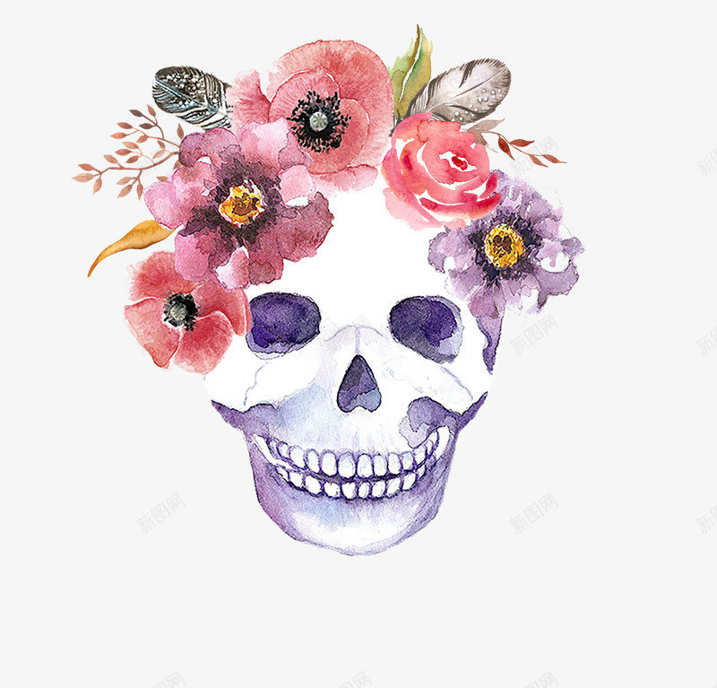 水彩戴花环的骷髅头png免抠素材_88icon https://88icon.com 人类骷髅头 戴花环 手绘 水彩 绘画 骷髅头