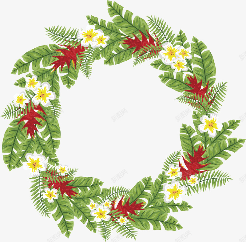 棕榈树树叶花环png免抠素材_88icon https://88icon.com 夏日花环 松树树叶 棕榈树叶 白色花朵 矢量png 绿色树叶