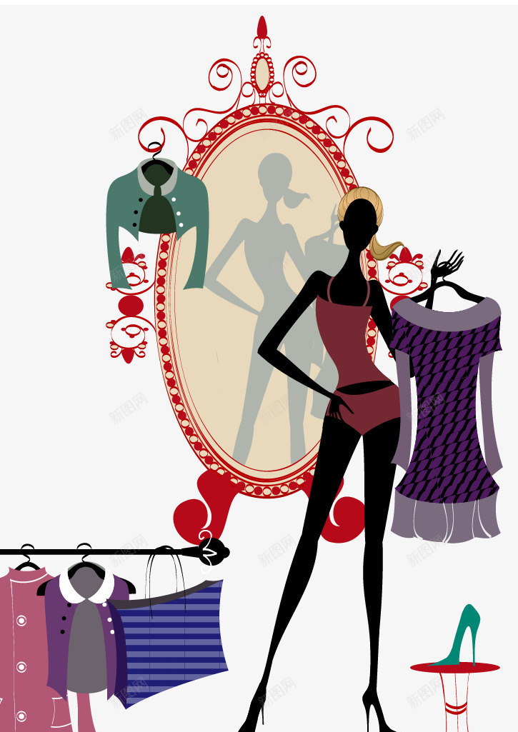 镜子旁边试穿衣服的美女矢量图ai免抠素材_88icon https://88icon.com 日常生活 时尚美女 美女矢量素材 试衣服的美女 镜子 矢量图