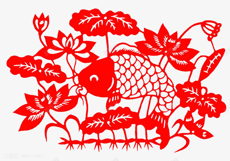 荷花鲤鱼红色剪纸psd免抠素材_88icon https://88icon.com 中国风 剪纸 荷花 鲤鱼