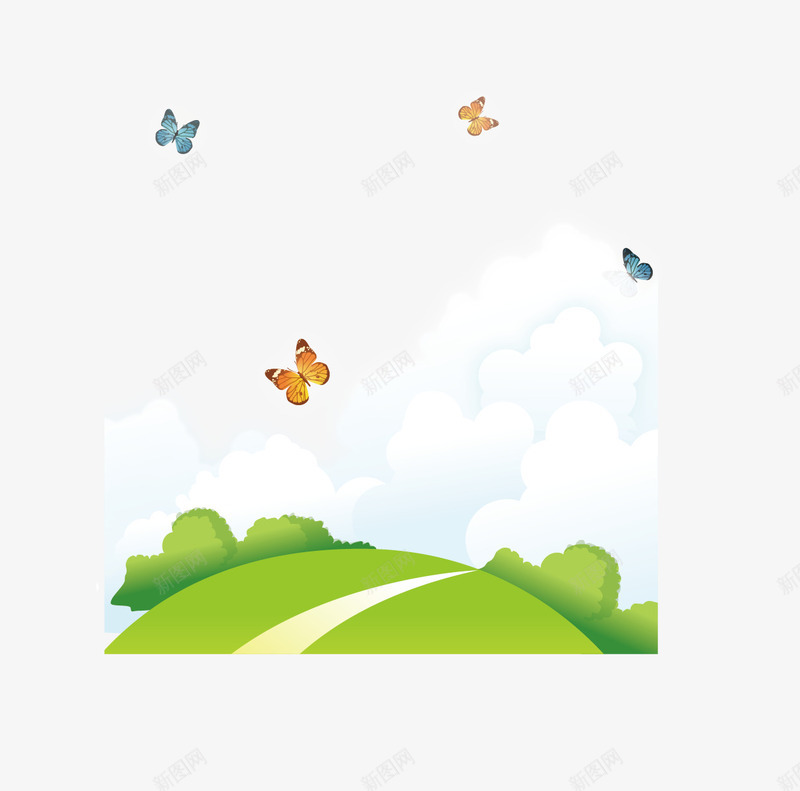 卡通云彩草坪png免抠素材_88icon https://88icon.com 卡通云彩 草坪 草坪素材 蝴蝶