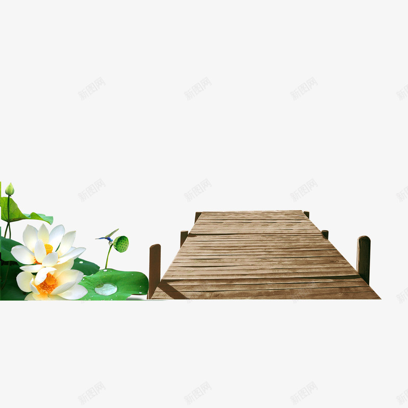 木桥png免抠素材_88icon https://88icon.com 木栈道 木桥 木质码头 水塘 白色 荷花
