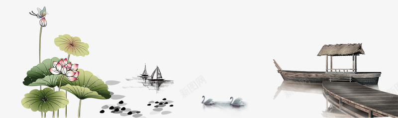 中国风水墨psd免抠素材_88icon https://88icon.com 中国风 小船 水墨 绿色 荷叶 荷花