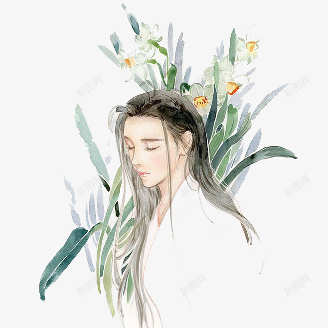 长发女生png免抠素材_88icon https://88icon.com 卡通 古装 彩色 手绘 水彩 男生 绿叶 装饰 鲜花