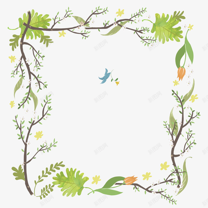 藤条花环png免抠素材_88icon https://88icon.com 叶子 小花 小鸟 小黄花 树枝 植物 绿叶 藤蔓 鲜花