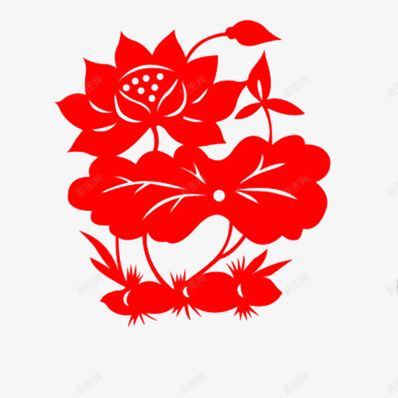 2017剪纸png免抠素材_88icon https://88icon.com 叶子 红色 荷花 莲藕