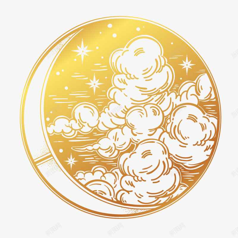 月亮插画创意png免抠素材_88icon https://88icon.com 云彩 星星 金色 闪亮